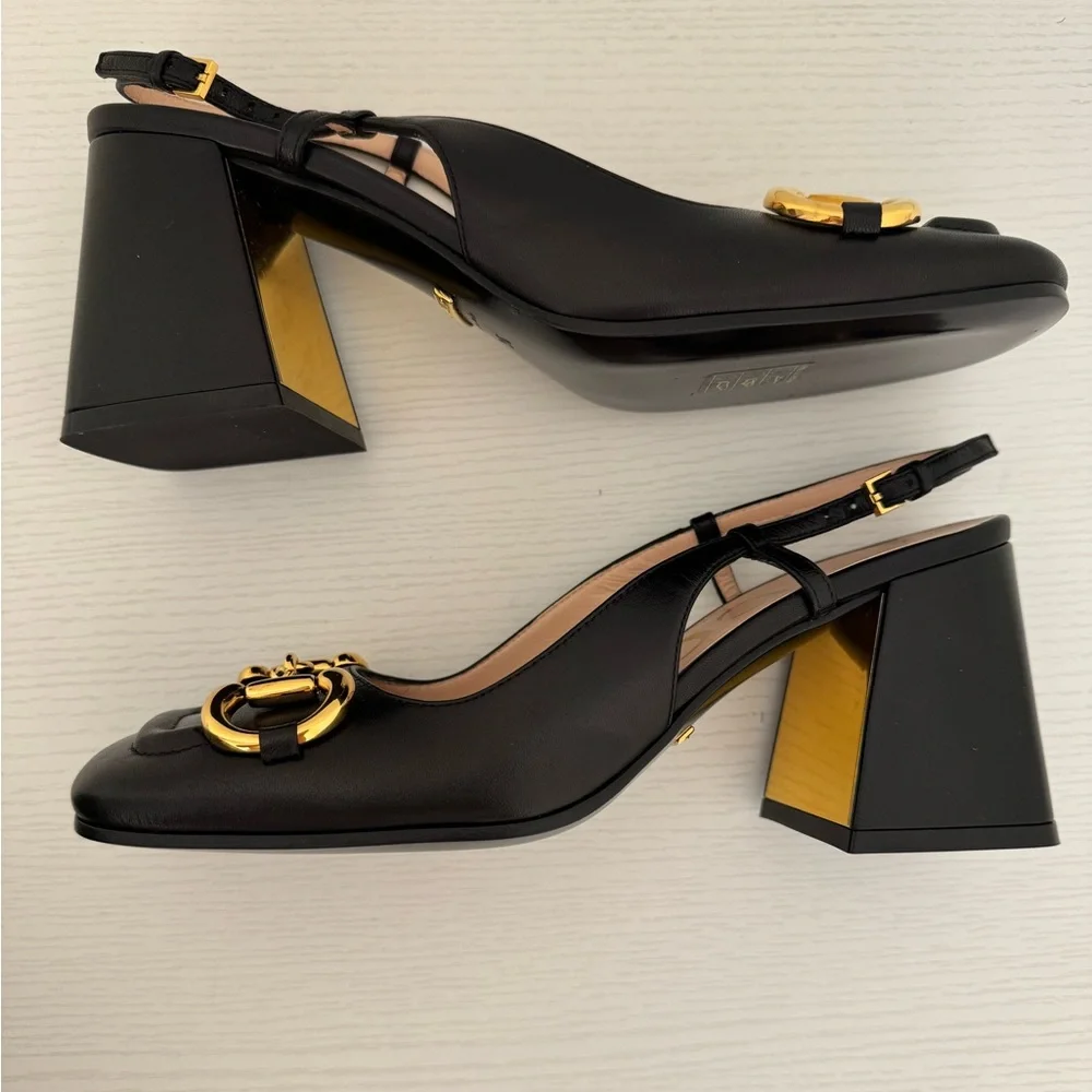 GUCCI Baby Horsebit Slingback Leather Pump Black Gold EU 36 Authentic Shoes - Picture 10 of 11